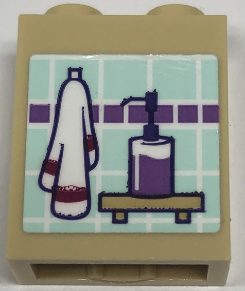 Lego Brick 1 x 2 x 2 with Inside Stud Holder with White Towel, Soap Dispenser on Shelf and Light Aqua and Medium Lavender Tiles Pattern (Sticker) - Set 41679