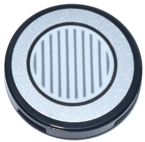 Lego Tile, Round 2 x 2 with Bottom Stud Holder with Silver and White Circle Headlight and Dark Bluish Gray Lines Pattern (Sticker) - Set 72044 / Black