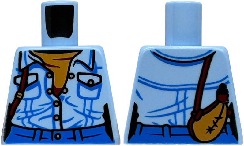 Lego Torso Female Denim Shirt Partially Open, Medium Nougat Undershirt, Canteen with Dark Red Strap, Blue Pants Pattern
