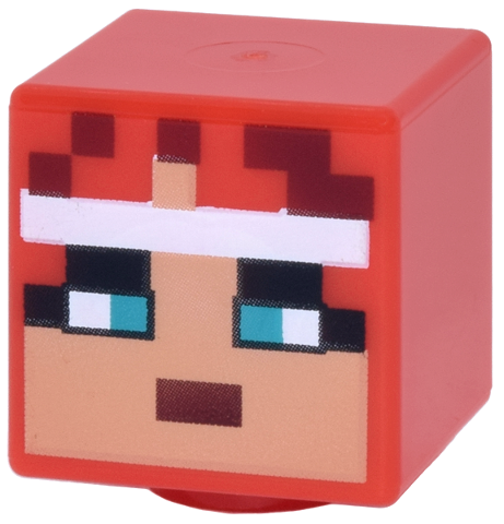 Lego Minifigure, Head, Modified Cube with Pixelated Helmet, Dark Red Highlights and Mouth, White Headband, Dark Turquoise Eyes, Nougat Face Pattern (Minecraft Valorie)