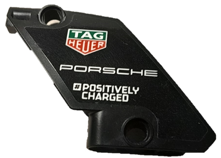 Lego Technic, Panel Curved #61 5 x 7 Tapered Left with White 'PORSCHE', '#POSITIVELY CHARGED' and Tag Heuer Logo Pattern (Sticker) - Set 42137