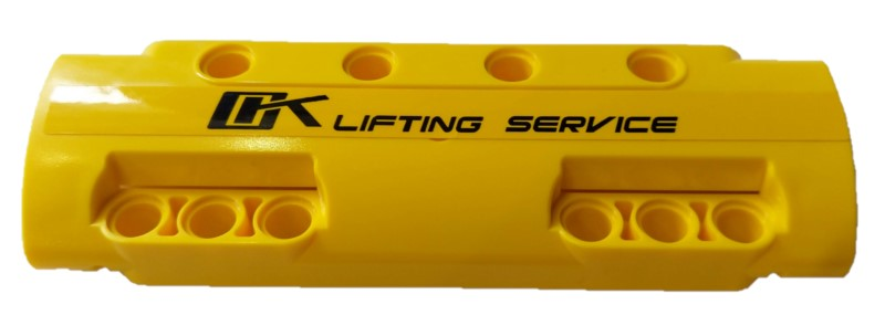 Lego Technic, Panel Curved 11 x 3 with 10 Pin Holes through Panel Surface with Black 'OK LIFTING SERVICE' Pattern (Sticker) - Set 42108 / Yellow