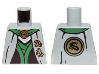Lego Torso Ninjago Robe with Green Sash, Asian Characters and Gold Snake Emblem Pattern / Light Bluish Gray