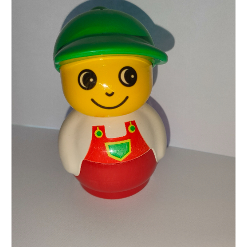 Lego Primo Figure Boy with Red Base, Red Dungarees Print, Green Cap / White
