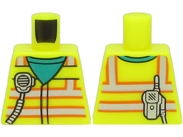 Lego Torso Safety Vest with Silver and Orange Reflective Stripes over Dark Turquoise Shirt, Radio Pattern / Vibrant Yellow
