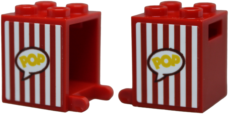 Lego Container, Box 2 x 2 x 2 with Red and White Vertical Stripes and Yellow 'POP' in Speech Bubble Pattern on Both Sides (Stickers) - Set 42642 / Red