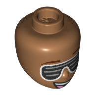 Lego Minidoll Head, Reddish Brown Eyebrows, Big Slotted Black Sunglasses, Open Mouth, Teeth / Medium Nougat
