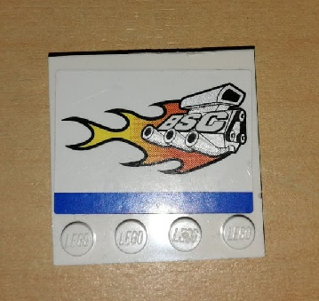 Lego Tile, Modified 4 x 4 with Studs on Edge with Engine, Flames, 'BSC', and Blue Stripe Pattern Model Right Side (Sticker) - Set 8154 / White