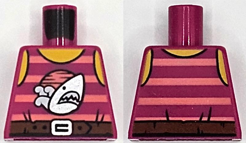 Lego Torso Tank Top with Coral Stripes and Sun, Silver Shark, Reddish Brown Belt with Buckle, Yellow Neck and Shoulders Pattern / Magenta
