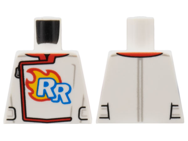 Lego Torso Racing Suit, Zipper, 'RR' Logo, Flames Pattern / White