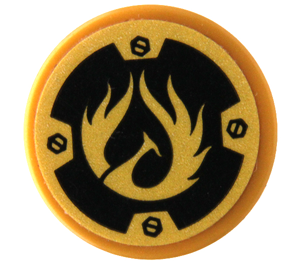 Lego Tile, Round 2 x 2 with Bottom Stud Holder with Gold Phoenix on Black Background, Bolts Pattern (Sticker) - Set 70665 / Pearl Gold