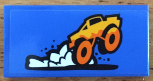 Lego Tile 2 x 4 with Orange Monster Truck and White Dust Pattern (Sticker) - Set 60180 / Blue