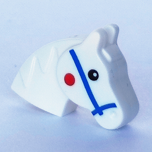 Lego Animal Body Part, Horse Head (Toy Horse) with Blue Reigns, Red Spot, Black Eyes print / White