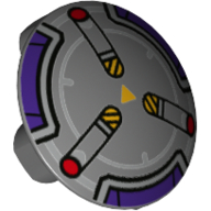 Lego Plate Round 2 x 2 with Rounded Bottom with Medium Lavender, Red, Bright Orange Mechanical Print / Dark Bluish Gray
