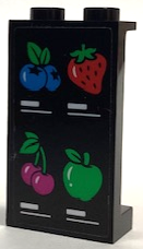 Lego Panel 1 x 2 x 3 with Side Supports - Hollow Studs with Fruit Menu, Dark Azure Blueberries, Red Strawberry, Magenta Cherries and Bright Green Apple Pattern (Sticker) - Set 60384 / Black