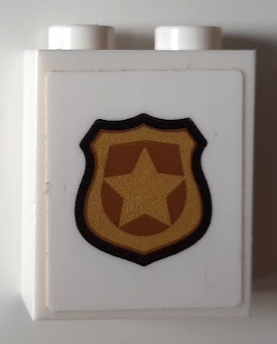 Lego Brick 1 x 2 x 2 with Inside Stud Holder with Gold and Copper Police Badge Pattern (Sticker) - Set 60143