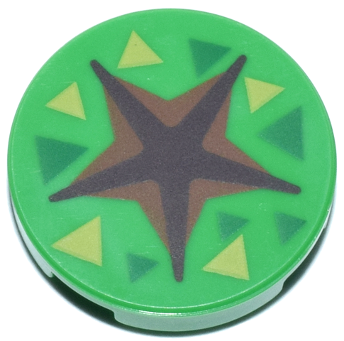 Lego Tile, Round 2 x 2 with Bottom Stud Holder with Dark Brown and Reddish Brown Star Shaped Crevice, Green and Lime Triangles Pattern (Animal Crossing Fossil Dig Spot) / Bright Green