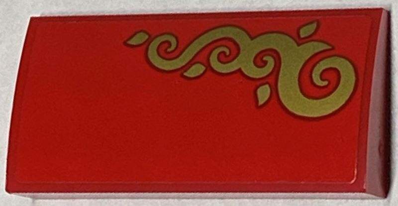 Lego Slope, Curved 2 x 4 x 2/3 with Bottom Tubes with Gold Scrollwork on Red Background Pattern Model Right Side (Sticker) - Set 40499