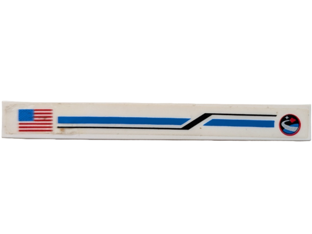 Lego Tile 1 x 8 with United States of America (USA) Flag, Blue and Black Stripes and Red Flying Shuttle over Blue Planet Pattern Model Left Side (Sticker) - Sets 10213 / 10231