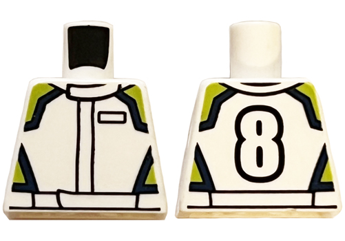 Lego Torso Racing Jacket with Lime and Dark Blue Highlights, Number 8 on Back Pattern / White
