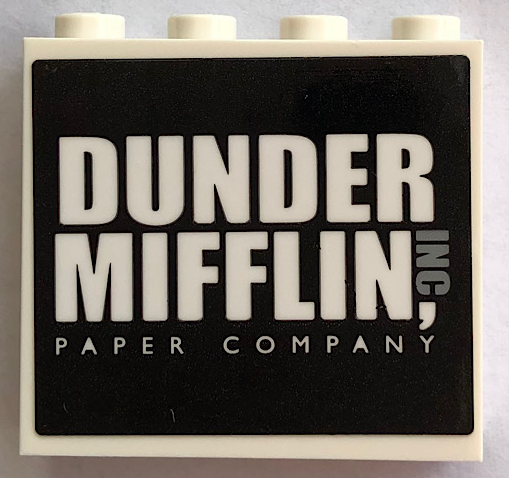 Lego Brick 1 x 4 x 3 with 'DUNDER MIFFLIN PAPER COMPANY, INC' Pattern (Sticker) - Set 21336 / White
