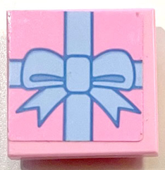 Lego Tile, Modified 2 x 2 Inverted with Gift Wrap Bright Light Blue Bow Pattern (Sticker) - Set 41453 / Bright Pink