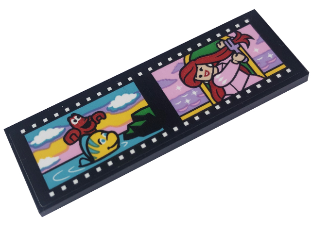 Lego Tile 2 x 6 with Filmstrip / Roll with Ariel Minifigure, Sebastian and Flounder Pattern (Sticker) - Set 43227 / Black