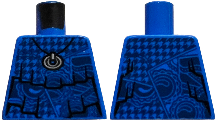 Lego Torso Shirt, Layered Frills, Metallic Silver Pendant, Geometric Pattern / Blue