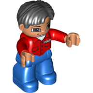 Lego Duplo Figure Side Parted Hair Black, with Blue Legs, Red Shirt with Pockets and Name Tag, Brown Eyes, Nougat Hands / Red