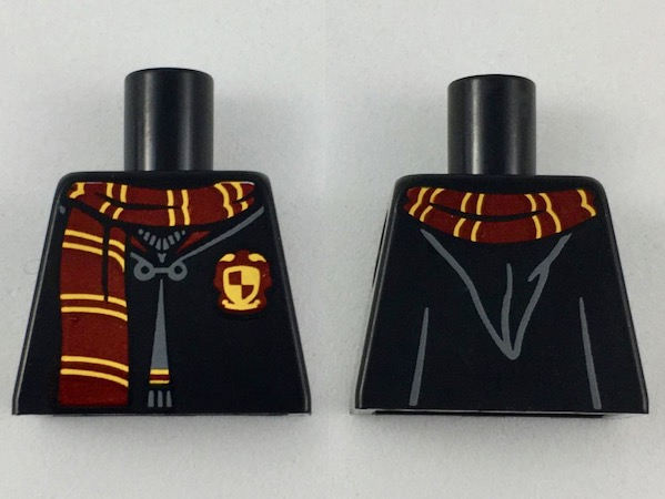Lego Torso Hogwarts Robe Clasped over Sweater, Dark Red and Bright Light Orange Scarf and Trim Pattern / Black