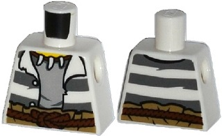 Lego Torso Town Prisoner Jacket Open with Buttons and Dark Bluish Gray Stripes over Light Bluish Gray Shirt, Reddish Brown Rope Belt, Animal Tooth / Claw Necklace, Yellow Neck Pattern / White