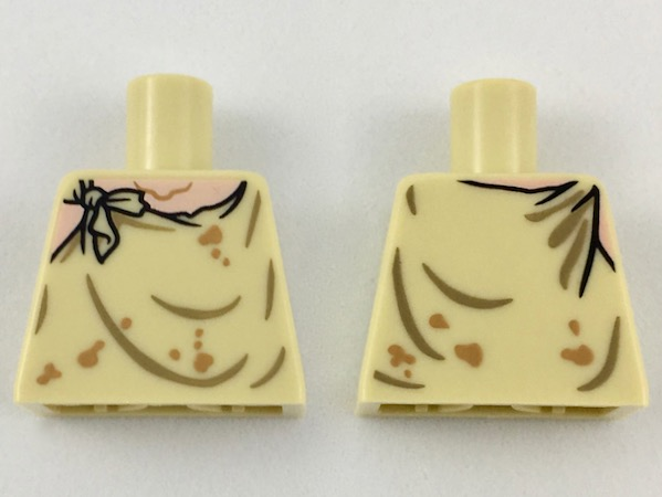Lego Torso Smock Tattered, Light Nougat Neck, Dark Tan Gathers, Medium Nougat Stains Pattern / Tan