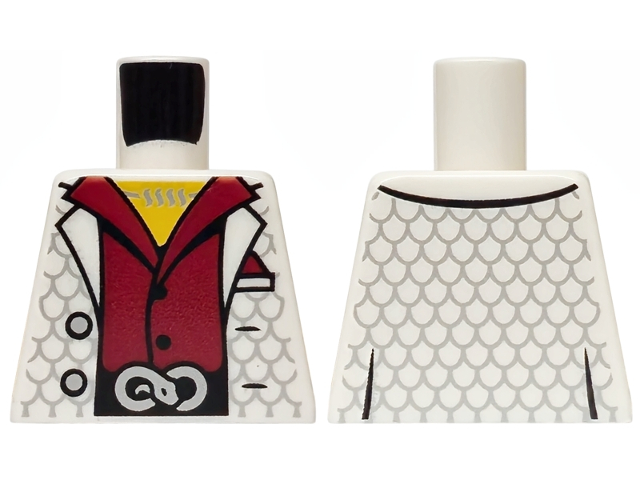 Lego Torso Vest Open with Silver Scallops and Buttons, Black Belt with Snake Buckle, Dark Red Shirt, Yellow Neck Pattern / White