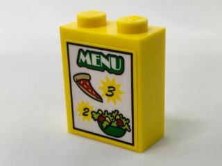 Lego Brick 1 x 2 x 2 with Inside Stud Holder with 'MENU', '2', '3', Pizza Slice and Salad Pattern (Sticker) - Set 60150 / Yellow
