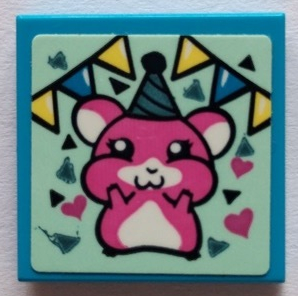 Lego Tile 2 x 2 with Dark Pink Hamster, Hearts and Bunting Pattern (Sticker) - Set 41329