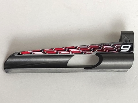 Lego Technic, Panel Fairing # 7 Small Long, Large Hole, Side A with '9' and White, Black and Red Pattern (Sticker) - Set 8470