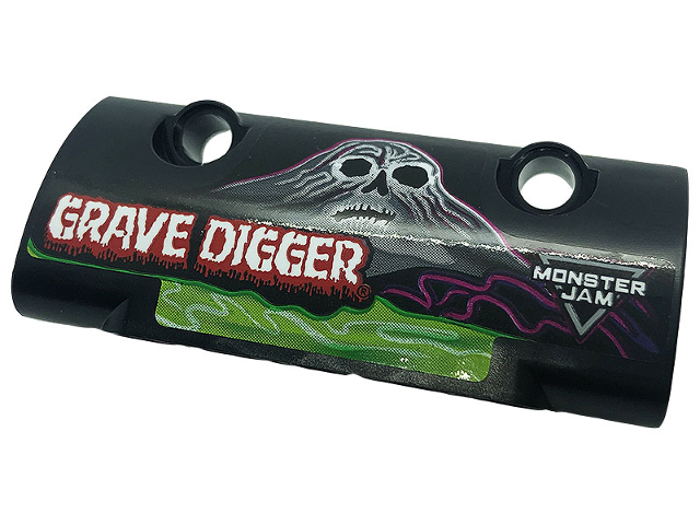 Lego Technic, Panel Curved 7 x 3 with 2 Pin Holes through Panel Surface with White 'GRAVE DIGGER', Skull and Logo 'MONSTER JAM' Pattern Model Right Side (Sticker) - Set 42118 / Black