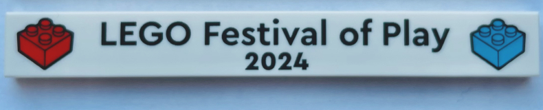 Lego Tile 1 x 8 with Black 'LEGO Festival of Play 2024' and Red and Medium Azure Brick Pattern