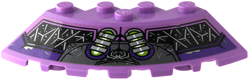 Lego Brick, Round Corner 6 x 6 with Slope 33 Edge, Facet Cutout with Lime Tubes, Dark Purple and Silver Supports, Dark Bluish Gray and Dark Purple Panels, Silver Spider Web and Dots on Black Background Pattern (Sticker) - Set 80022 / Medium Lavender