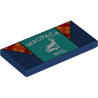 Lego Tile 2 x 4 with Kacket, Red/Yellow Collar, Dark Turquoise Shirt, 'WAYUPACA WIS.', Deer Print / Dark Blue