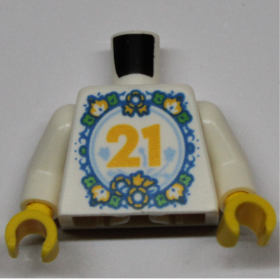 Lego Torso with Flowers and Leaves in Circle and '21', LEGO logo, 'LEGO World 2024' on Back Print, White Arms, Yellow Hands / White