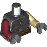 Lego Torso, Odd Arms, Silver Plate Armor, Reddish Brown Straps, Dark Tan Laces, Reddish Brown Belt print, Left Tan Arm, Right Dark Red Arm, Dark Bluish Grey Hands / Pearl Titanium