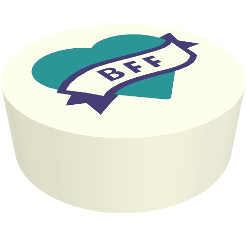 Lego Tile Round 1 x 1 with Dark Purple Banner 'BFF' on Dark Turquoise Heart