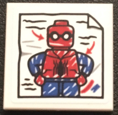 Lego Tile 2 x 2 with Drawing of Spider-Man and Red Arrows Pattern (Sticker) - Set 76108 / White