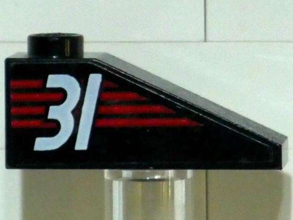 Lego Slope 33 3 x 1 with White Number 31 on Red Stripes Pattern Model Right Side (Sticker) - Set 6639
