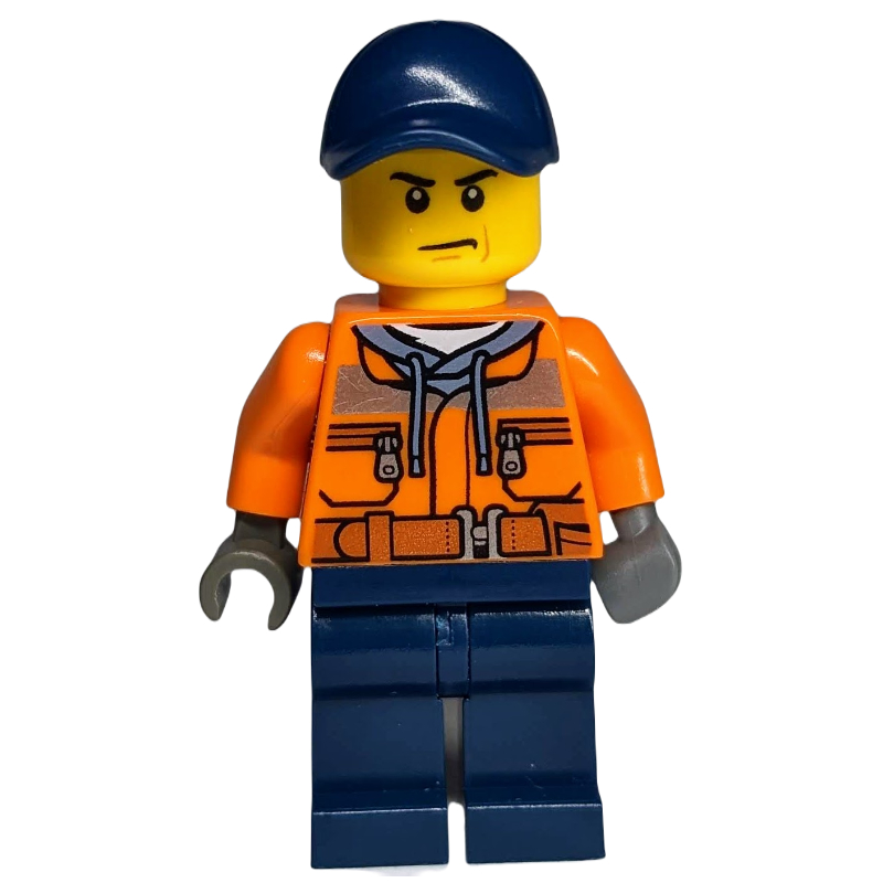 Lego Construction Worker, Orange Jacket with Zipper and Reflective Stripes, Dark Blue Legs, Dark Blue Cap