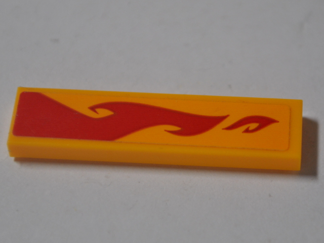 Lego Tile 1 x 4 with Red Flames on Bright Light Orange Background Pattern Model Left Side (Sticker) - Set 70638