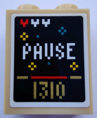 Lego Brick 1 x 2 x 2 with Inside Stud Holder with Pixelated Video Game Screen with 'PAUSE' and '1310' Pattern (Sticker) - Set 80012 / Tan