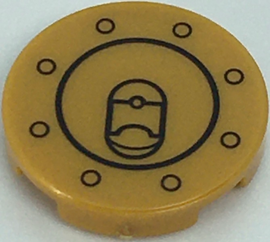 Lego Tile, Round 2 x 2 with Bottom Stud Holder with Black Circles (Fuel Cap) Pattern / Pearl Gold
