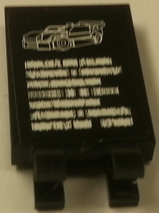 Lego Tile, Modified 2 x 3 with 2 U Clips with Car and Illegible Car Specs on Black Background Pattern (Sticker) - Set 8154 / Black